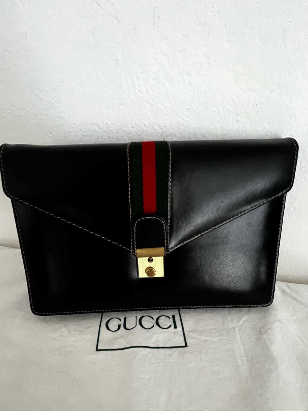 Rare Gucci Black Leather Web Stripe Envelope Wristlet Clutch Late 1960s